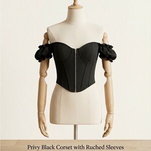 Black Off-Shoulder Corset Camisole with Ruched Sleeves
